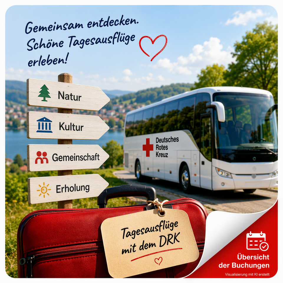DRK-Tagesausflug mit Reisebus vor einer Landschaftskulisse. Wegweiser zeigen Natur, Kultur, Gemeinschaft und Erholung als Ziele der Tagesfahrt.