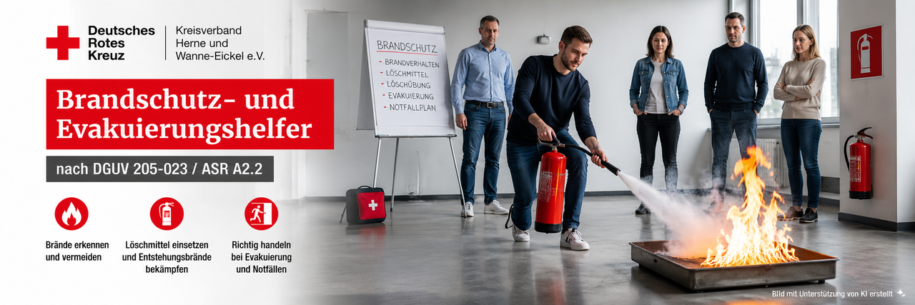 Teilnehmende üben im Brandschutzhelfer-Kurs des DRK den sicheren Umgang mit einem Feuerlöscher und das richtige Verhalten im Brandfall. Schulung nach DGUV Information 205-023 und ASR A2.2. Das Bild wurde mit Unterstützung von KI erstellt.